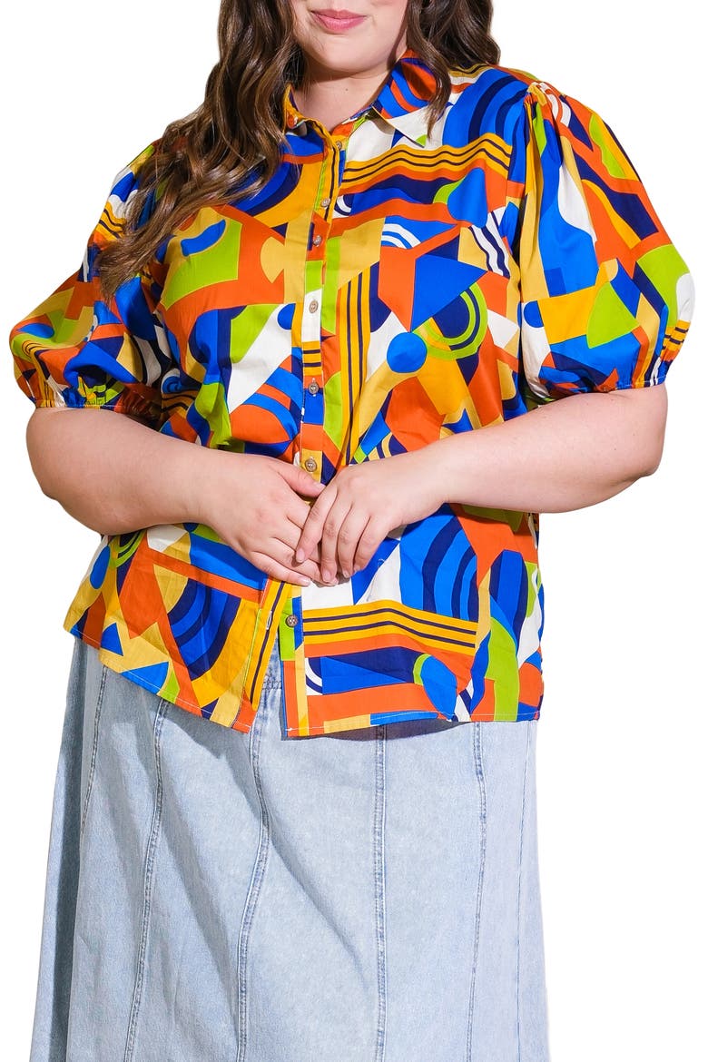 Geometric Print Puff Sleeve Button-Up Shirt, Main, color, BLUE RUST