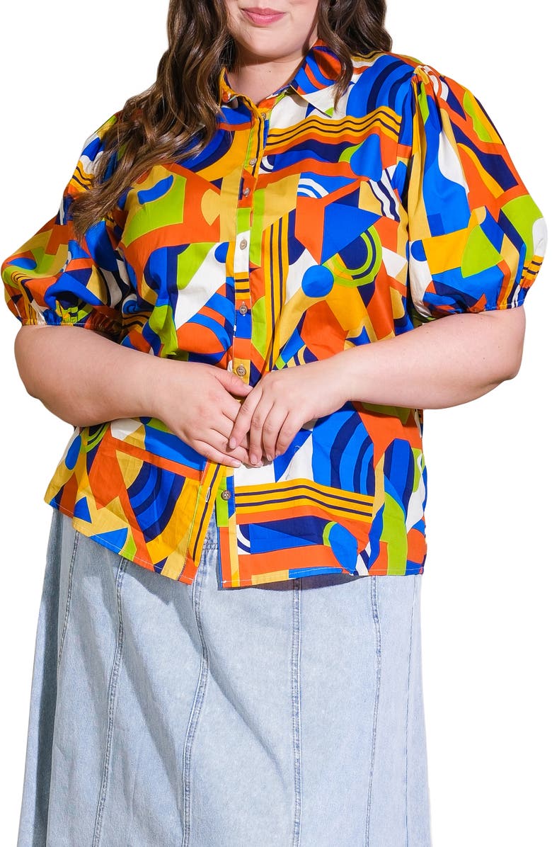 FLYING TOMATO Geometric Print Puff Sleeve Button-Up Shirt, Main, color, Blue Rust