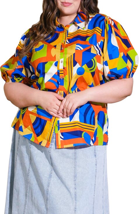 Geometric Print Puff Sleeve Button-Up Shirt (Plus)