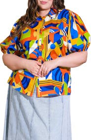 FLYING TOMATO Geometric Print Puff Sleeve Button-Up Shirt