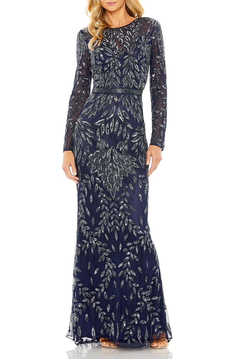 Mac Duggal Long Sleeve Illusion Neckline Embellished Gown, Main, color, Midnight
