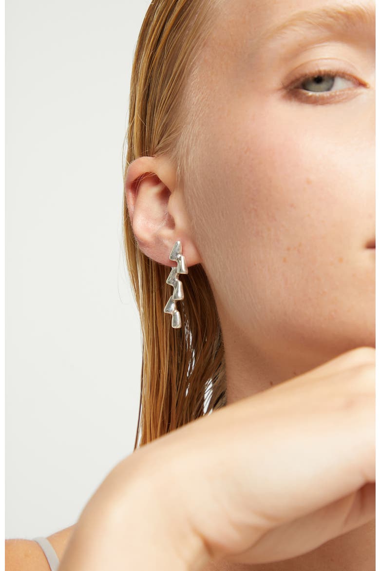 Long Earrings Plated In Embossed Sterling Silver, Alternate, color, Silver
