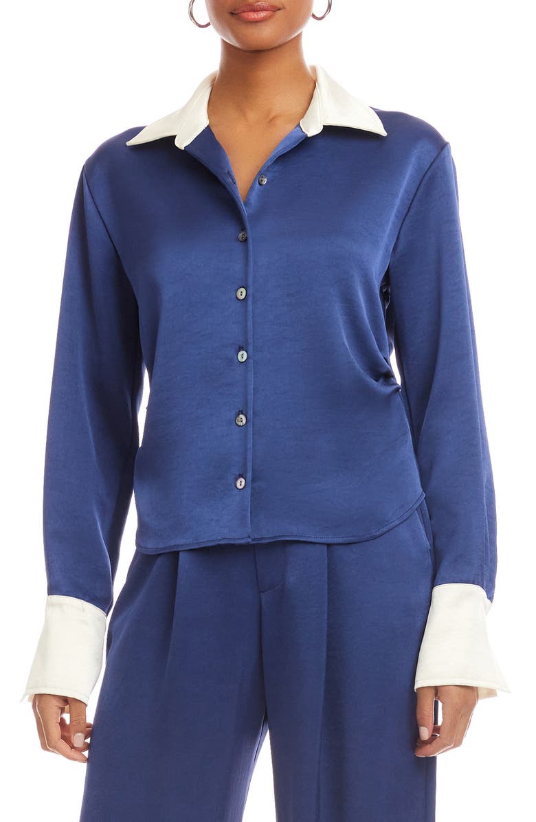 FIFTEEN TWENTY Tawnie Contrast Trim Satin Button-Up Shirt, Main, color, Deep Blue