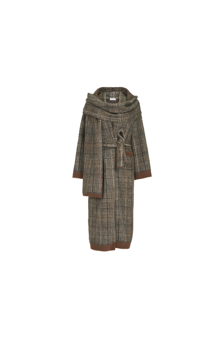 Mohair and wool Prince of Wales double knit coat with scarf, Alternate, color, Brown