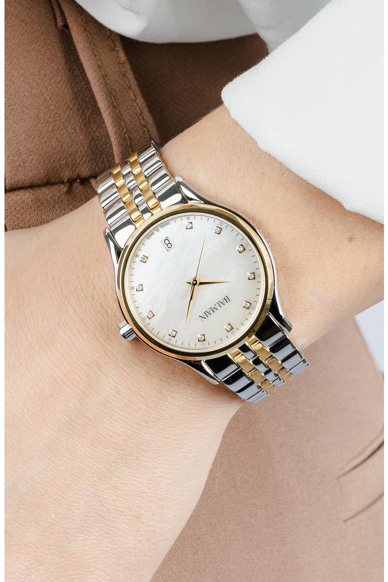 Beleganza Mother-of-Pearl & Diamond Two-Tone Bracelet Watch, 32mm, Alternate, color, STAINLESS STEEL/YELLOW GOLD