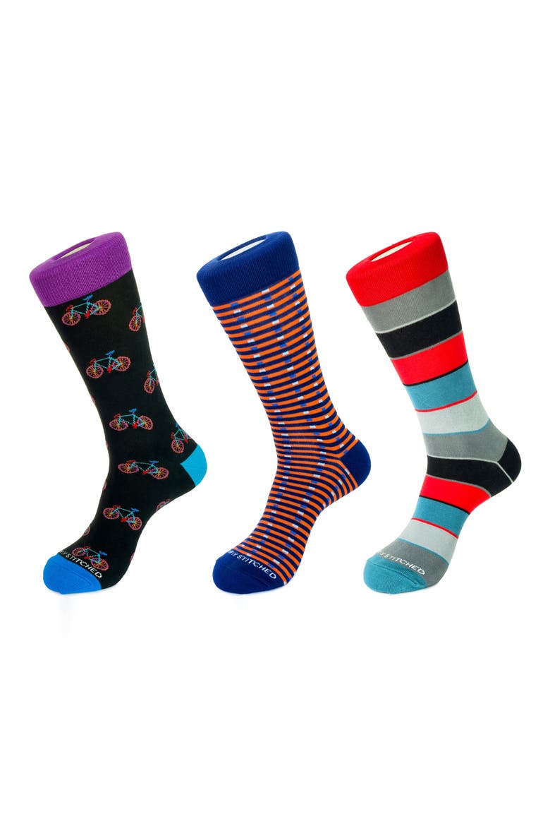 3-Pack Patterned Crew Socks, Main, color, GREY ORANGE BLACK