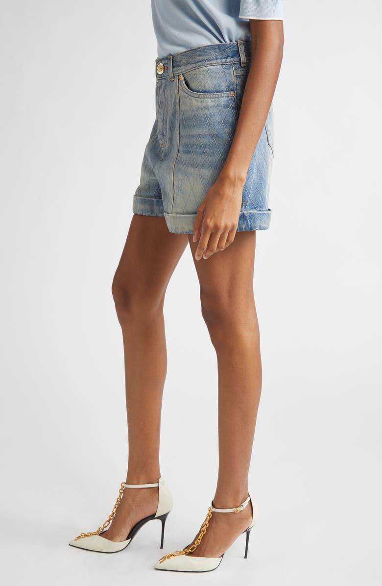 Balmain Quilted High Waist Denim Shorts, Alternate, color, 6Fc Lt Blue