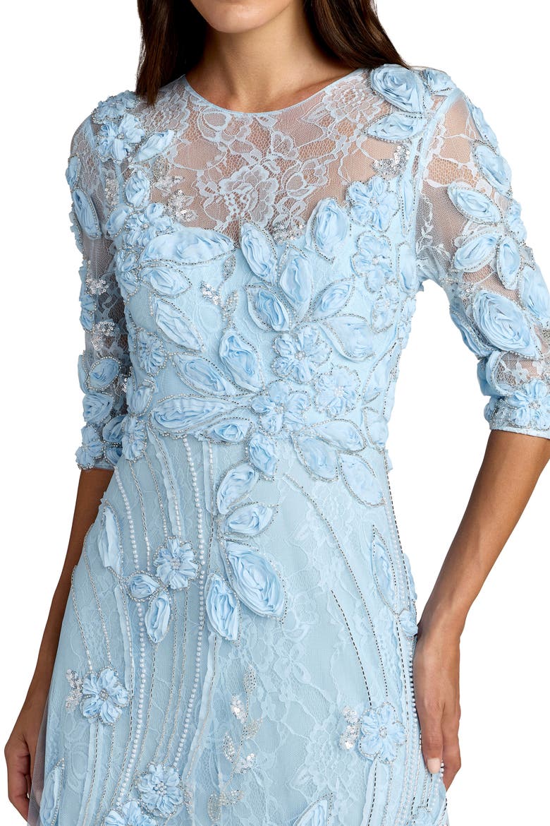 3/4 Sleeve High Neck Embroidered A Line Gown, Alternate, color, Periwinkle