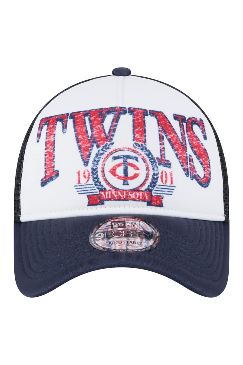Men's New Era White/Navy Minnesota Twins Distressed 9FORTY A-Frame Adjustable Trucker Hat, Alternate, color, White