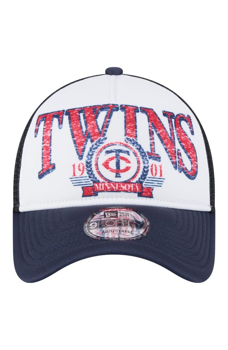 New Era Men's New Era White/Navy Minnesota Twins Distressed 9FORTY A-Frame Adjustable Trucker Hat, Alternate, color, White