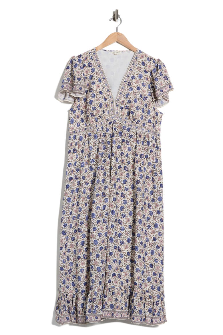 Flutter Sleeve V-Neck Dress, Alternate, color, ECRU/ DENIM LEAFY FERM