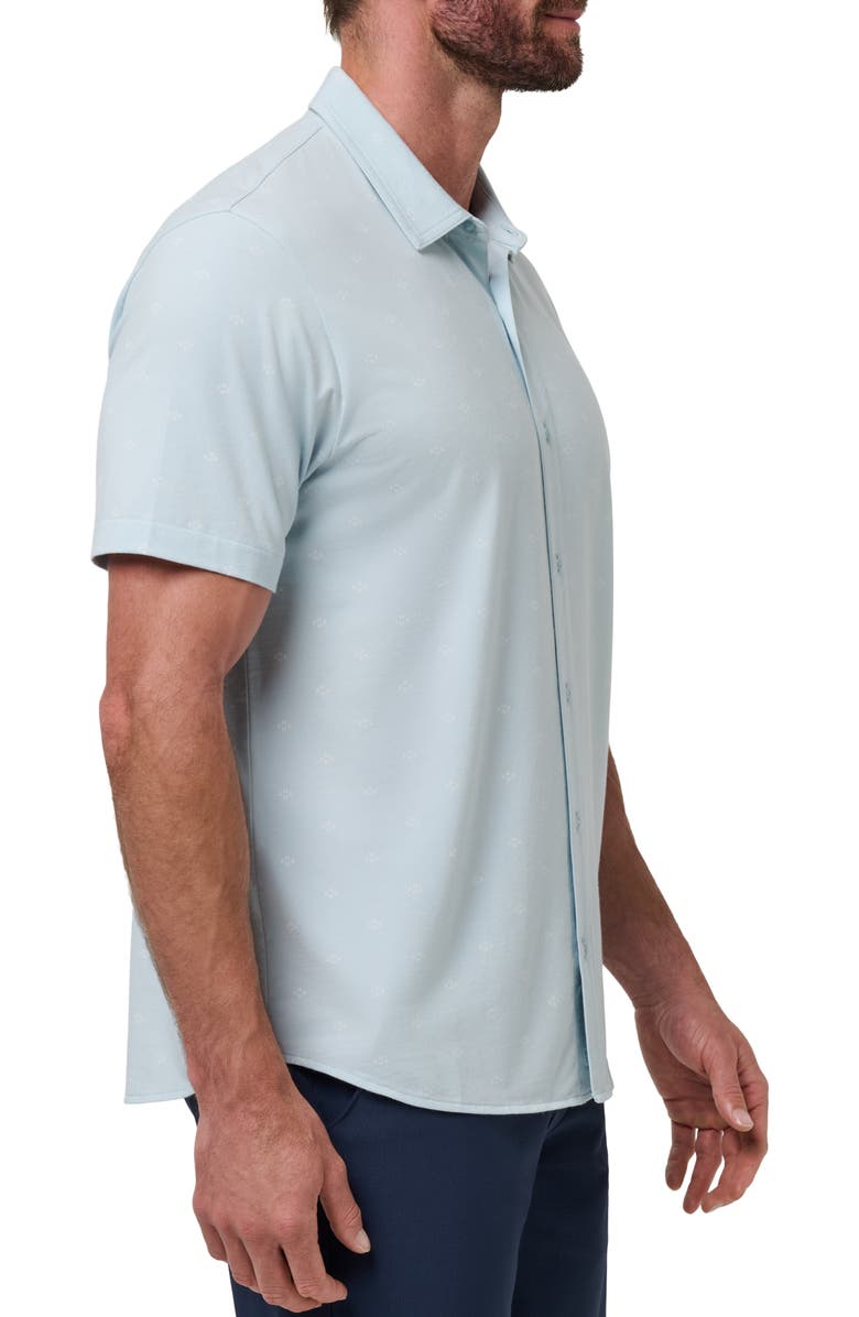 TravisMathew Shore of It Geo Print Short Sleeve Button-Up Knit Shirt, Alternate, color, Azzurro