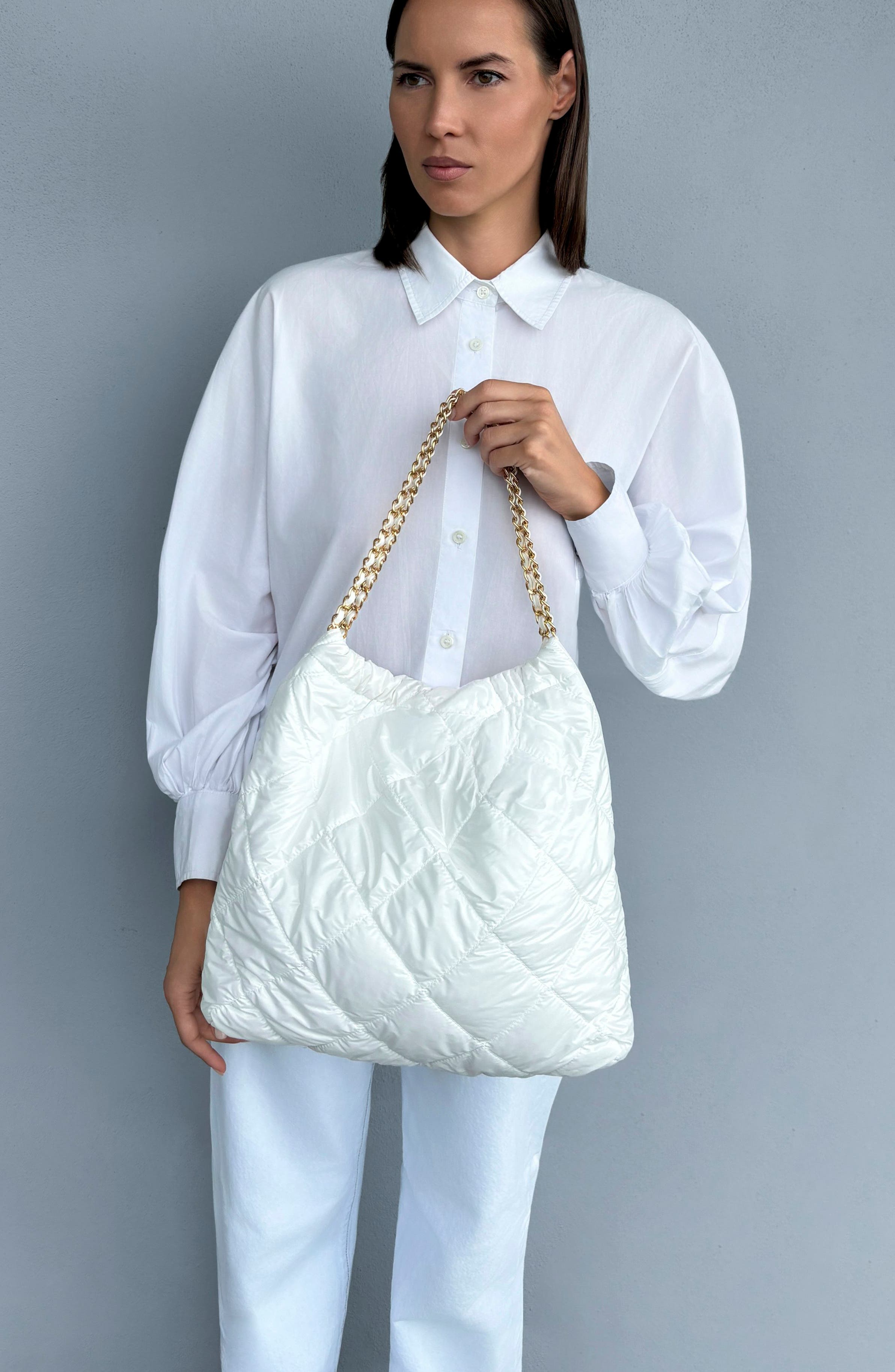 Quilted Chain Strap Shoulder Bag, Alternate, color, WHITE