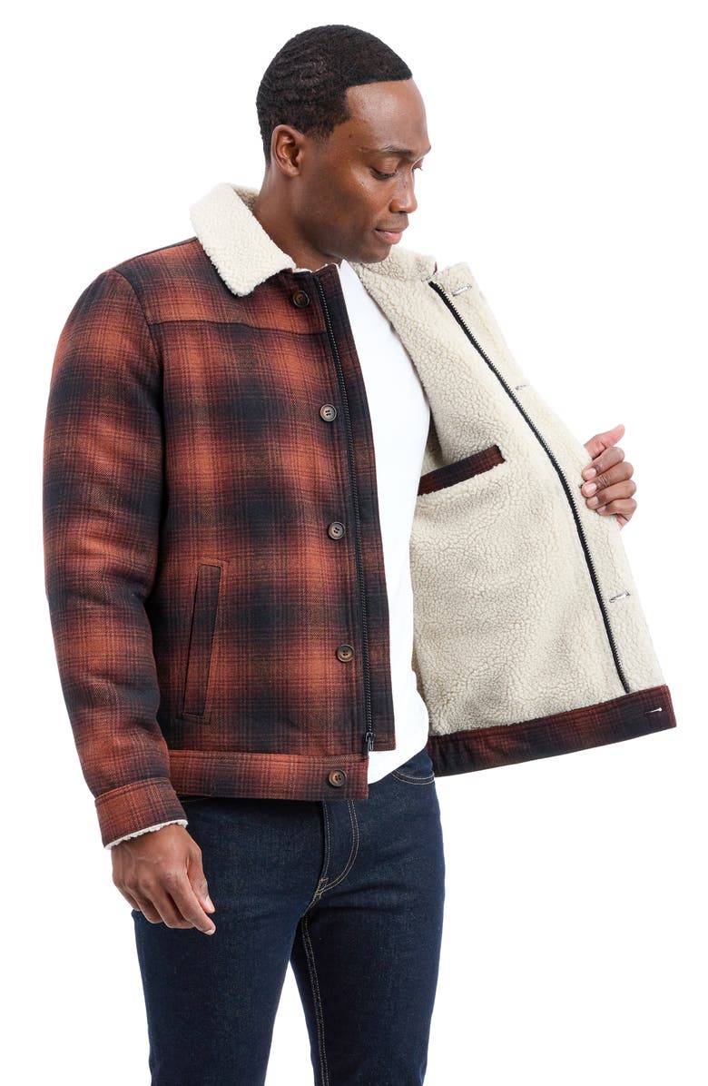 Lucky Brand Plaid Faux Shearling Lined Trucker Jacket, Alternate, color, Brown Plaid