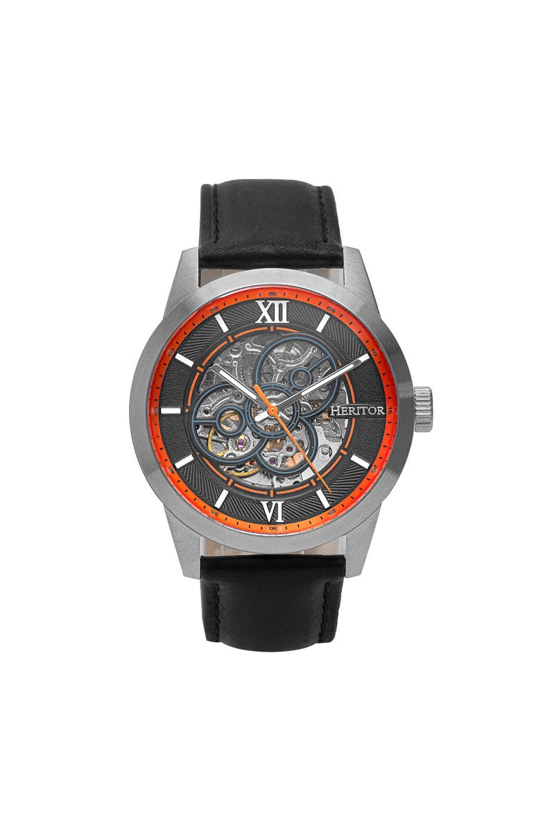 Heritor Automatic Jonas Leather-Band Skeleton Watch, Main, color, Silver/Orange