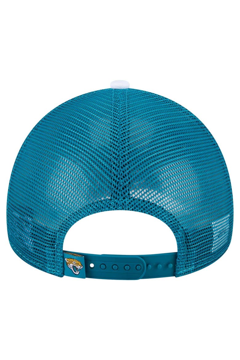 Men's New Era White/Teal Jacksonville Jaguars Color-Block 9FORTY A-Frame Trucker Adjustable Hat, Alternate, color, White