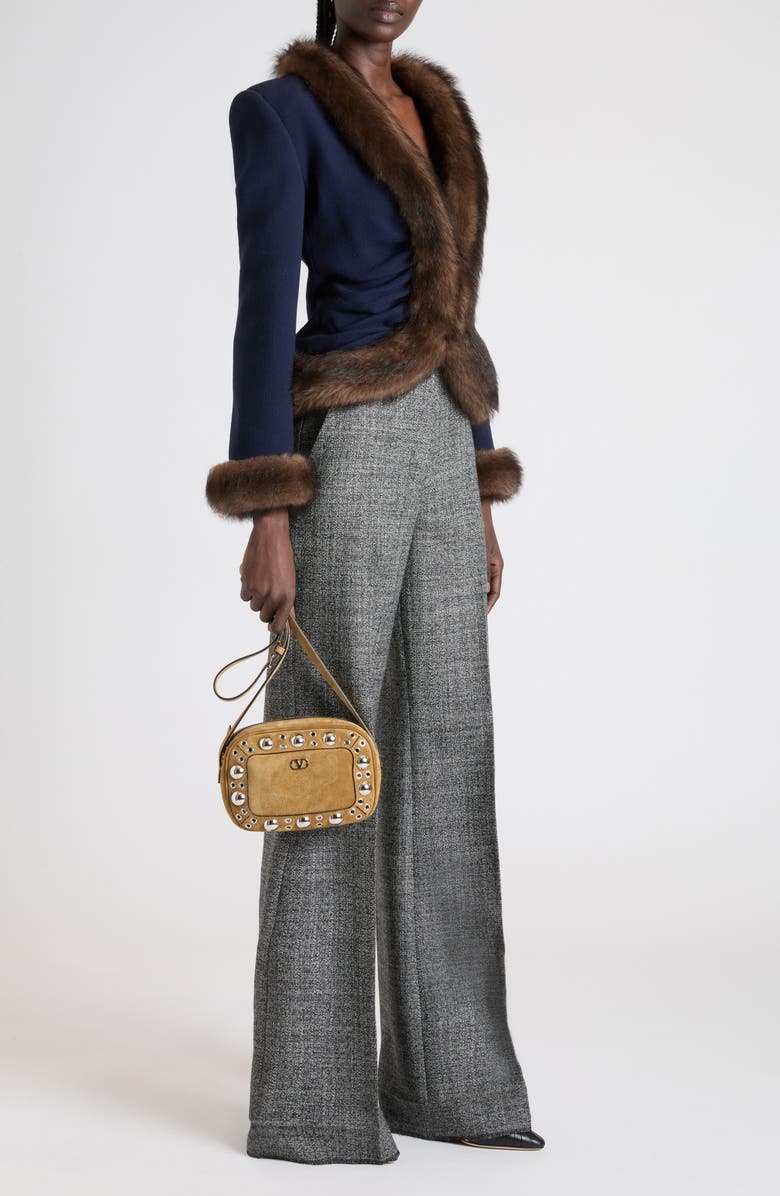 Valentino Genuine Shearling Trim Wool Cutaway Jacket, Alternate, color, Dark Purple