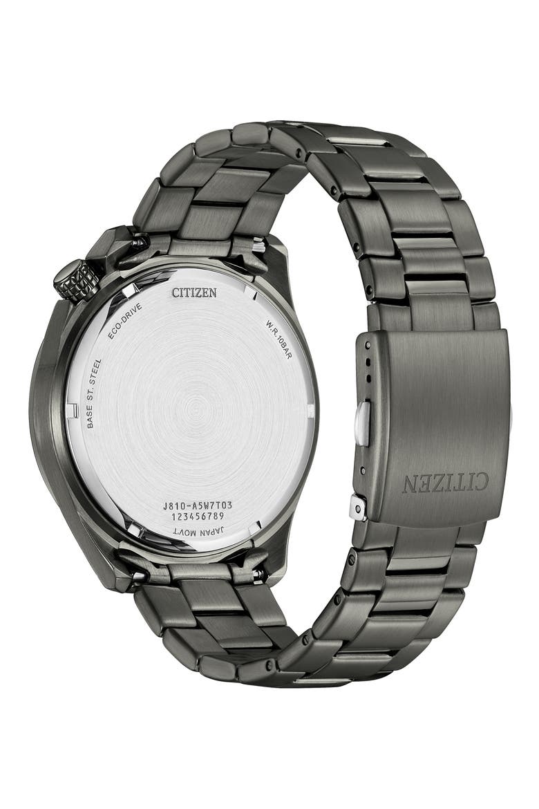 Eco Drive Three-Hand Quartz Stainless Steel Bracelet Watch, 43mm, Alternate, color, GRAY