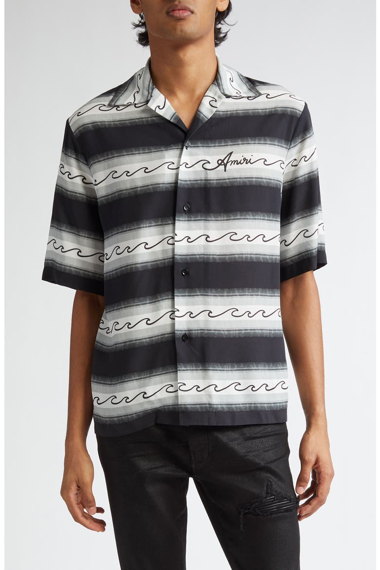 Wave Baja Stripe Camp Shirt, Main, color, BLACK