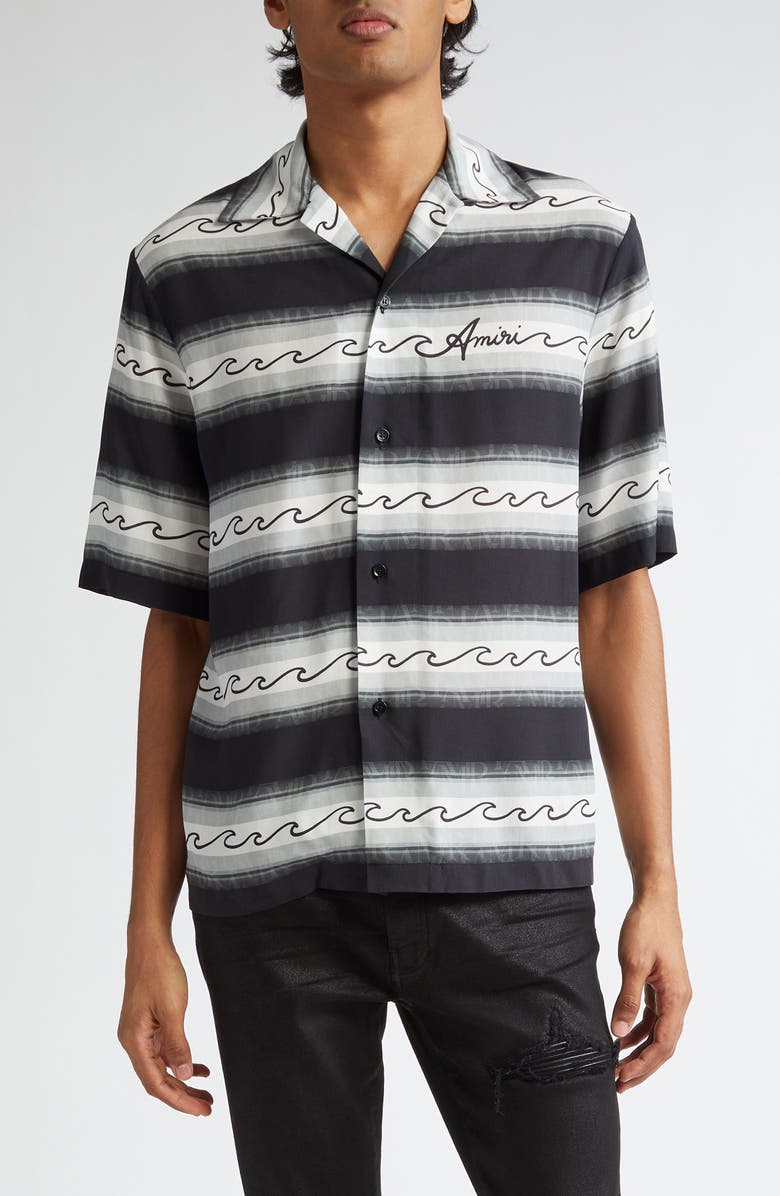 AMIRI Wave Baja Stripe Camp Shirt, Main, color, Black