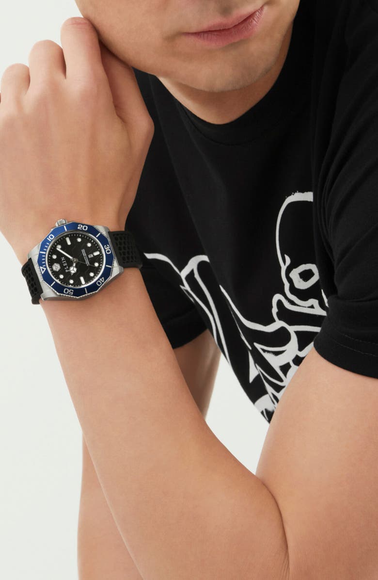 PHILIPP PLEIN Aquastorm Silicone Strap Watch, 44mm, Alternate, color, Stainless Steel