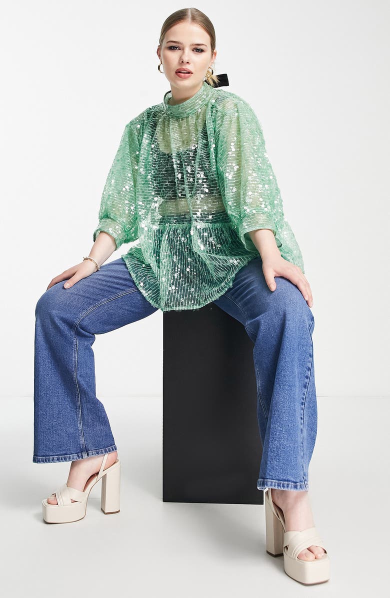 ASOS DESIGN Curve Sequin Bow Back Sheer Peplum Top, Alternate, color, 