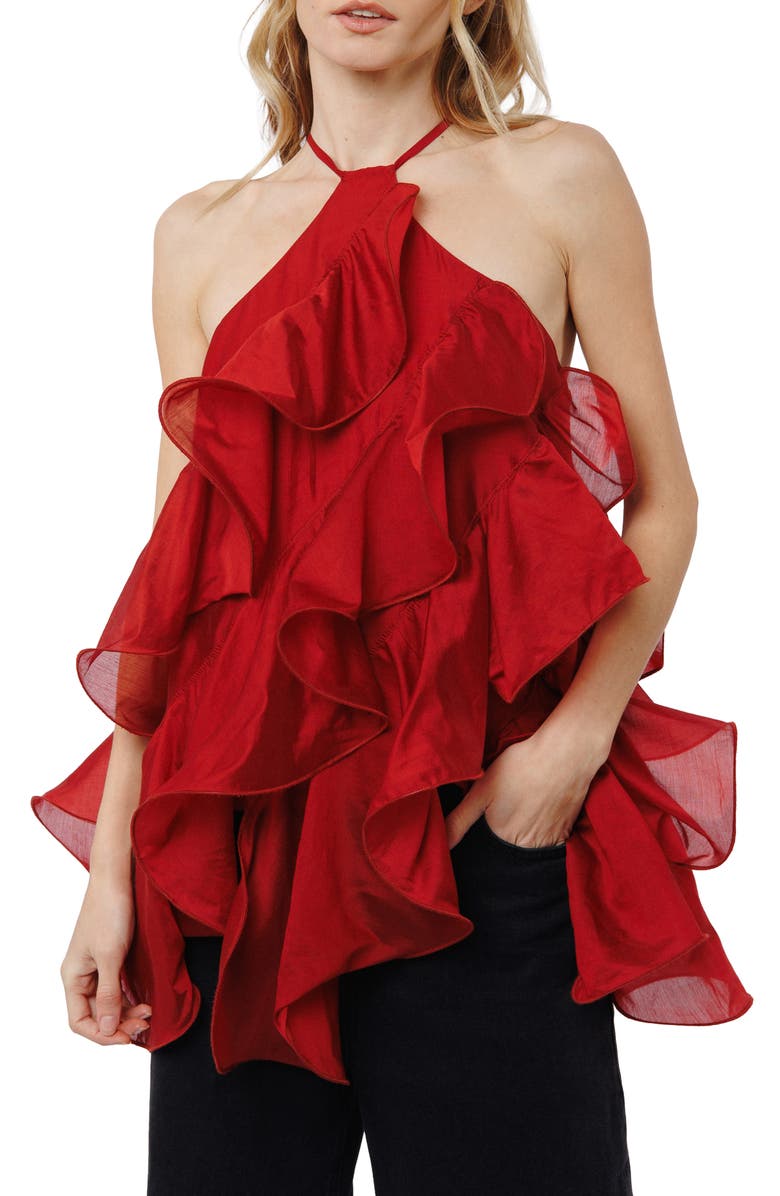 CIEBON Echo Ruffle Halter Neck Top, Main, color, Red