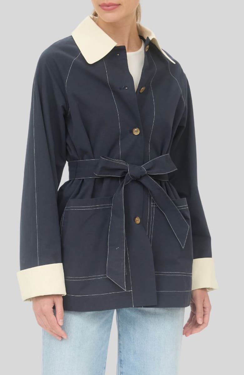 ZOE AND CLAIRE Tie Waist Trench Coat, Main, color, Navy/ Ivory