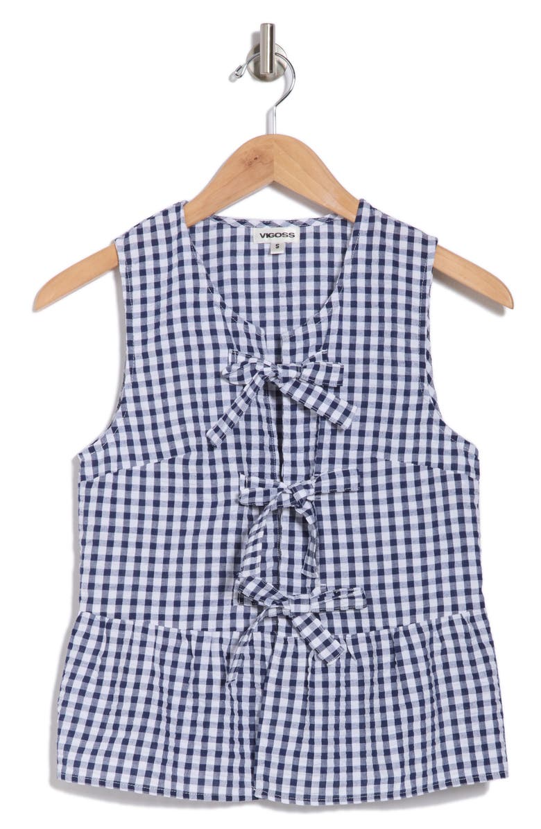 Vigoss Gingham Tie Front Top, Alternate, color, Navy/White