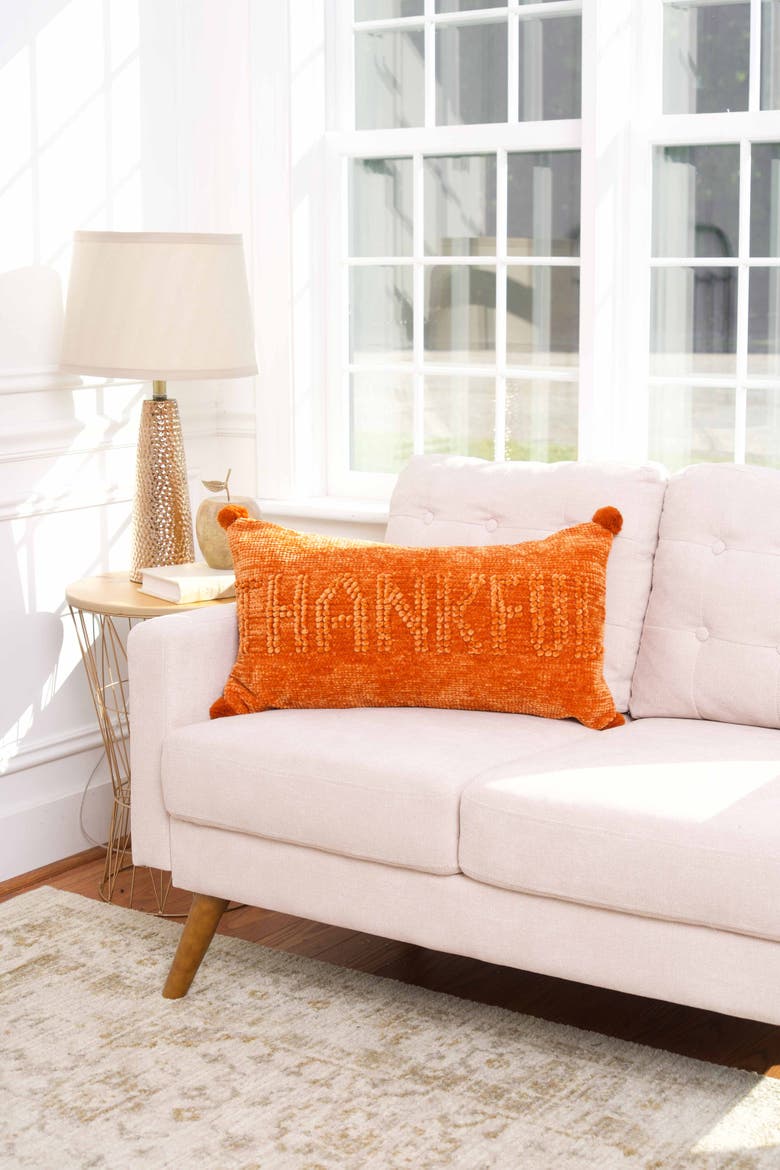 Lux Thankful Harvest Tufted Cozy and Poms Throw Pillow 26" x 14", Alternate, color, Orange