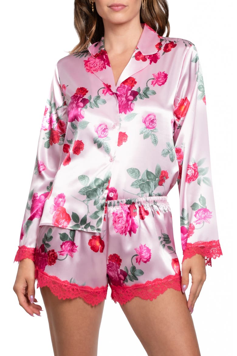 Alyssa Lace Trim Long Sleeve Satin Shorts Pajamas, Main, color, LIGHT PINK