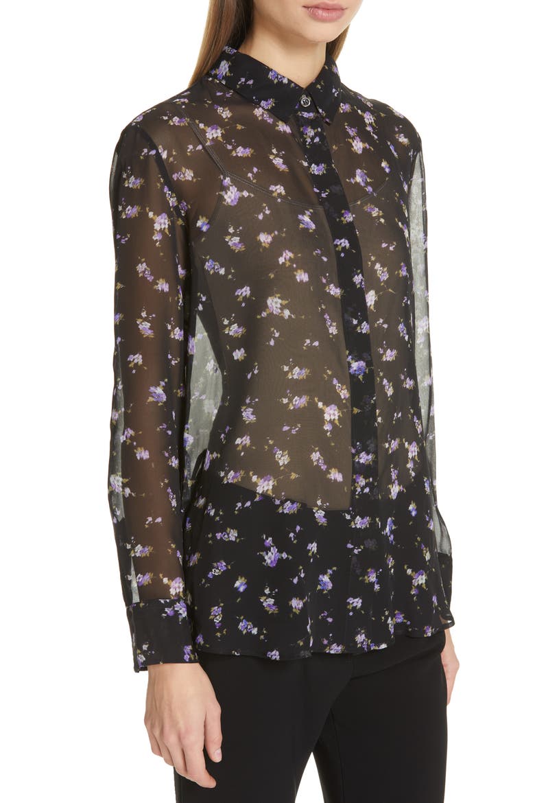 Floral Print Sheer Silk Blouse, Alternate, color, BLACK
