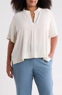 Eileen Fisher Split Neck Silk Short Sleeve Top