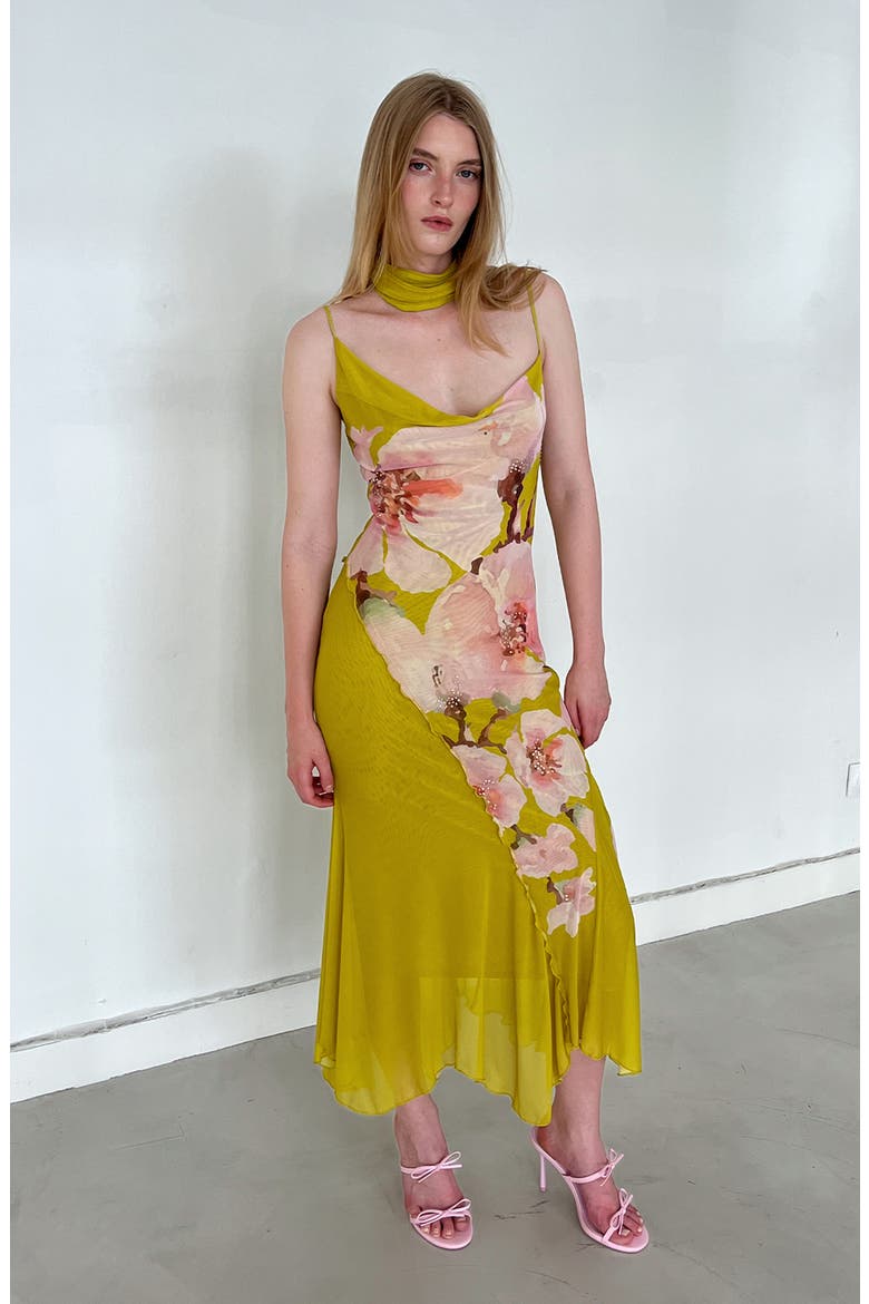 Elaria Floral Printed Mesh Dress, Alternate, color, Chartreuse