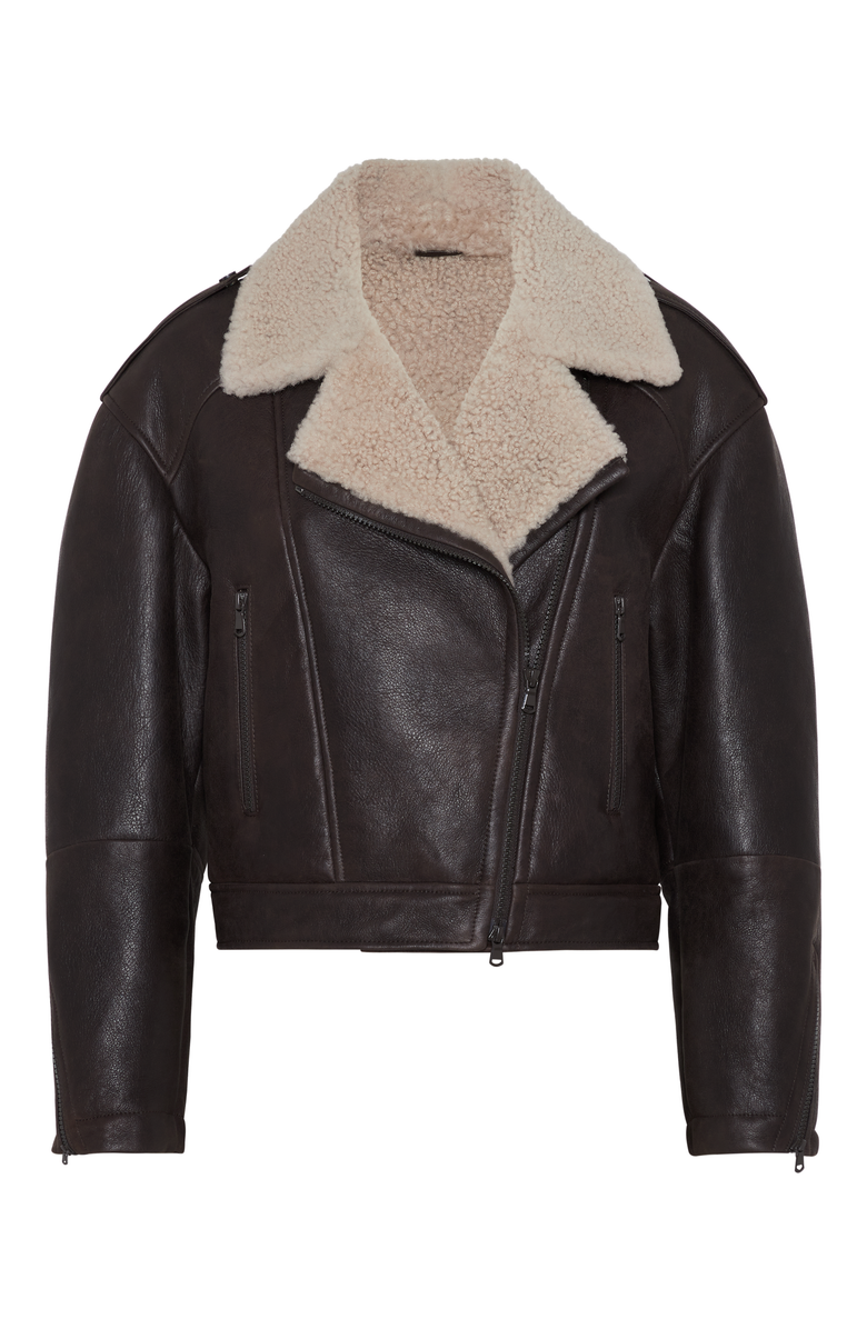 Brunello Cucinelli Waxed shearling biker jacket, Main, color, 