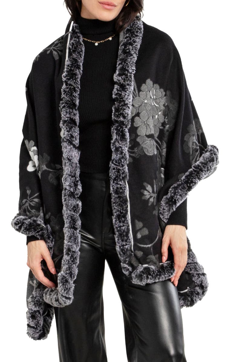 SAACHI Floral Reversible Scarf with Faux Fur Trim, Main, color, Black