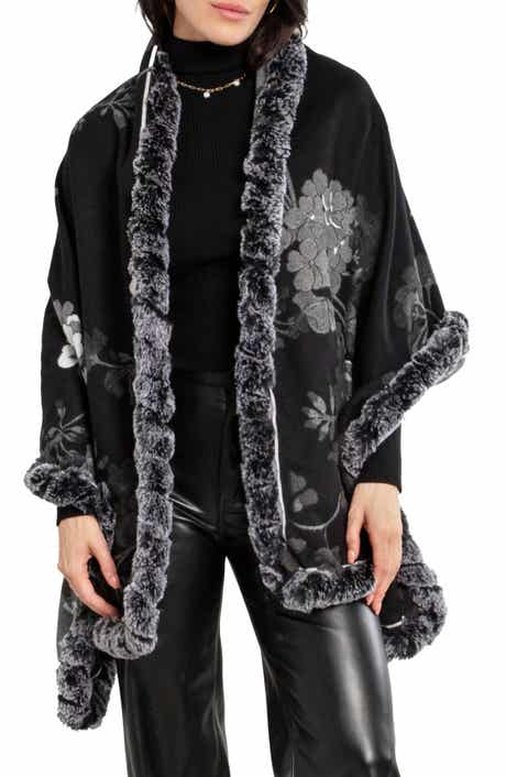 SAACHI Floral Reversible Scarf with Faux Fur Trim