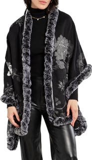SAACHI Floral Reversible Scarf with Faux Fur Trim