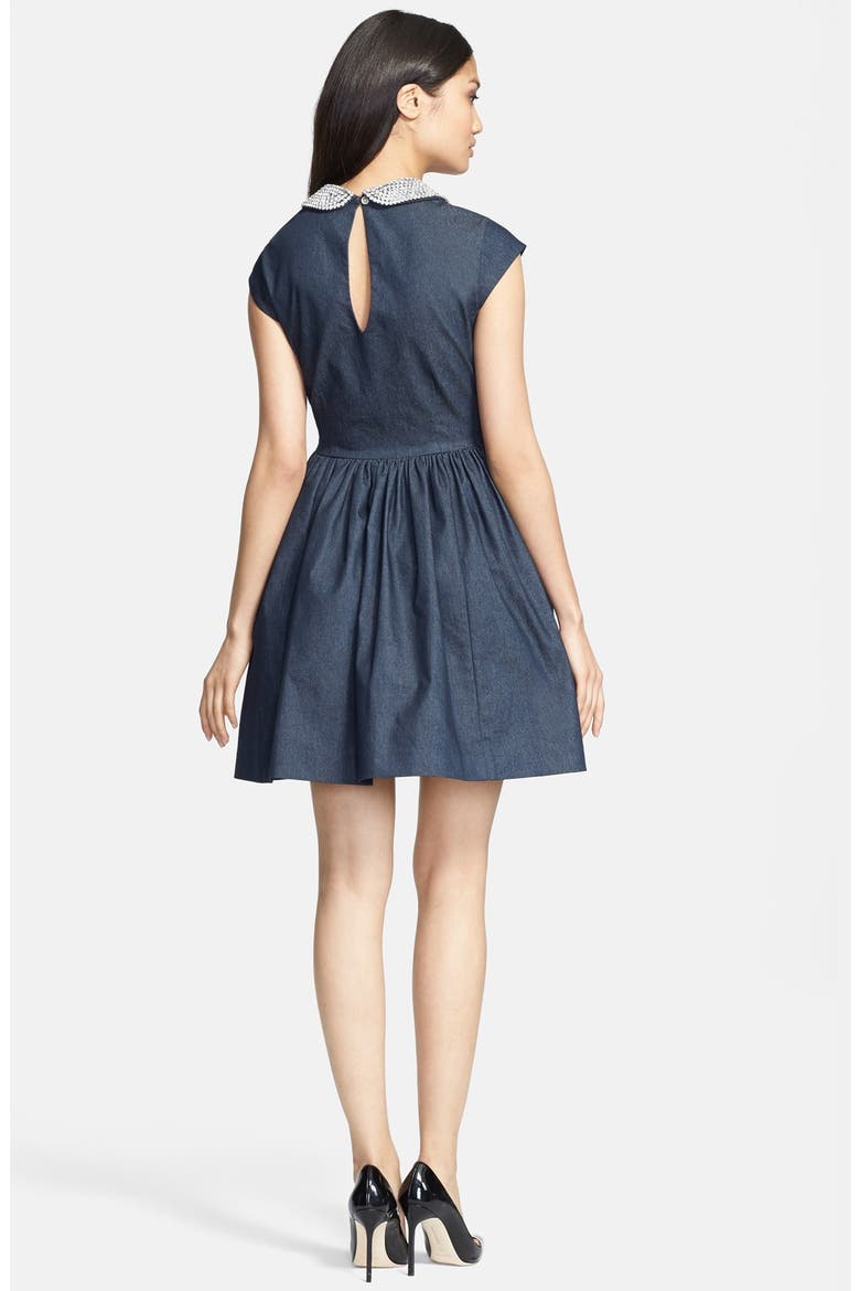 'kimberly' embellished denim fit & flare dress, Alternate, color, DARK BLUE