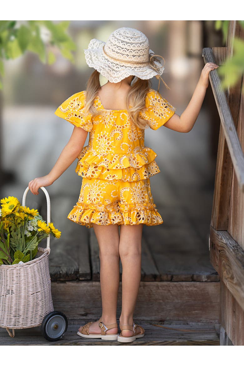 Golden Bloom Eyelet Puff Sleeve Top and Ruffle Girls Shorts Set, Alternate, color, Yellow