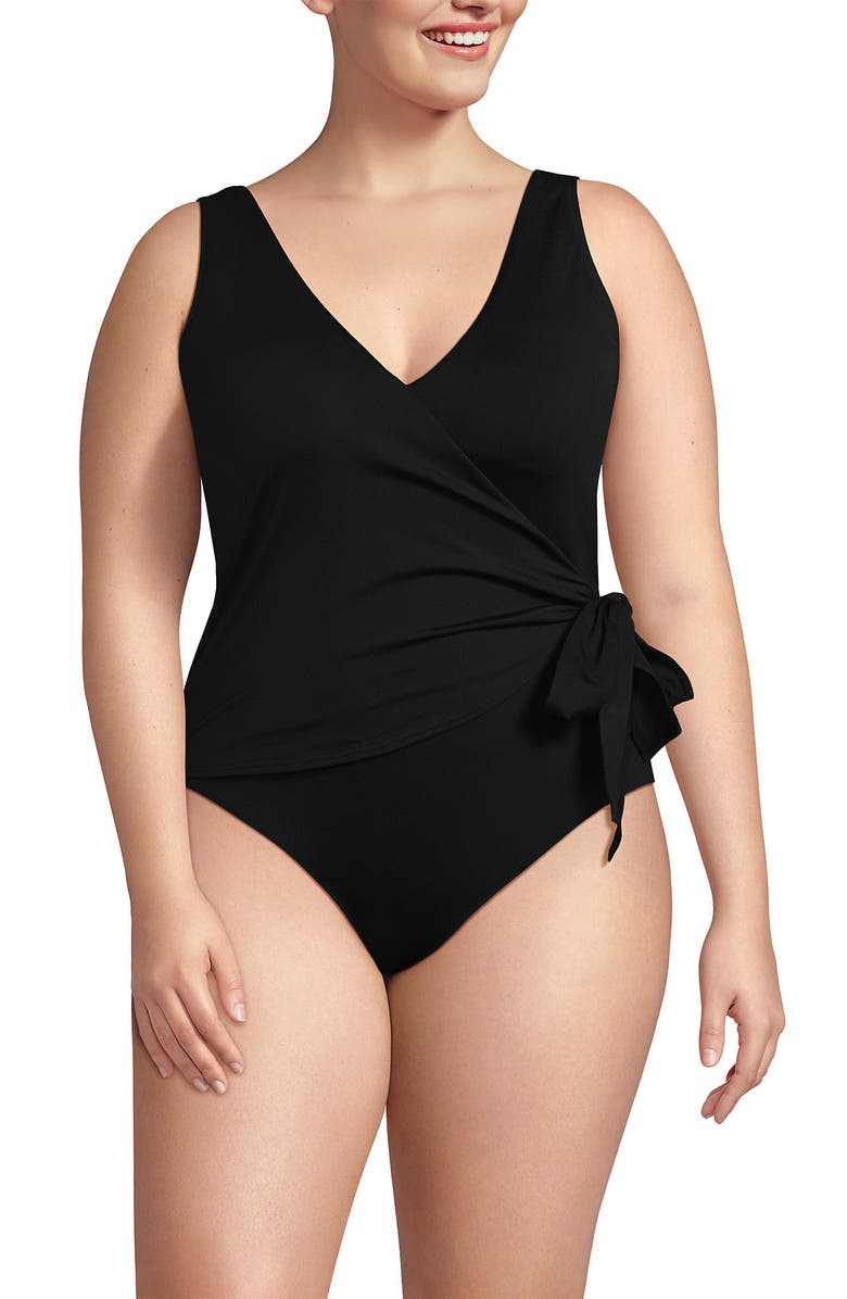 Lands' End Chlorine Resistant Side Tie Wrap High Leg One Piece Swimsuit, Main, color, Black