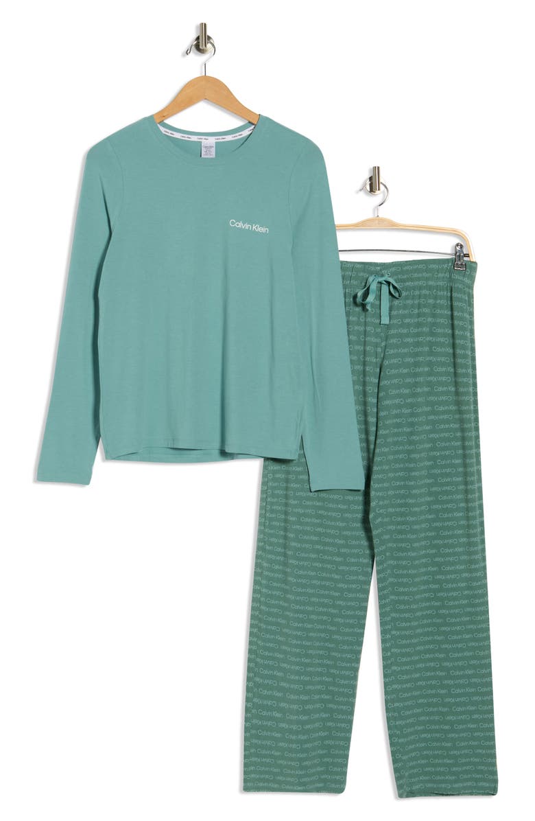 Calvin Klein Logo Long Pajamas, Alternate, color, Zoni Beach/ Logo