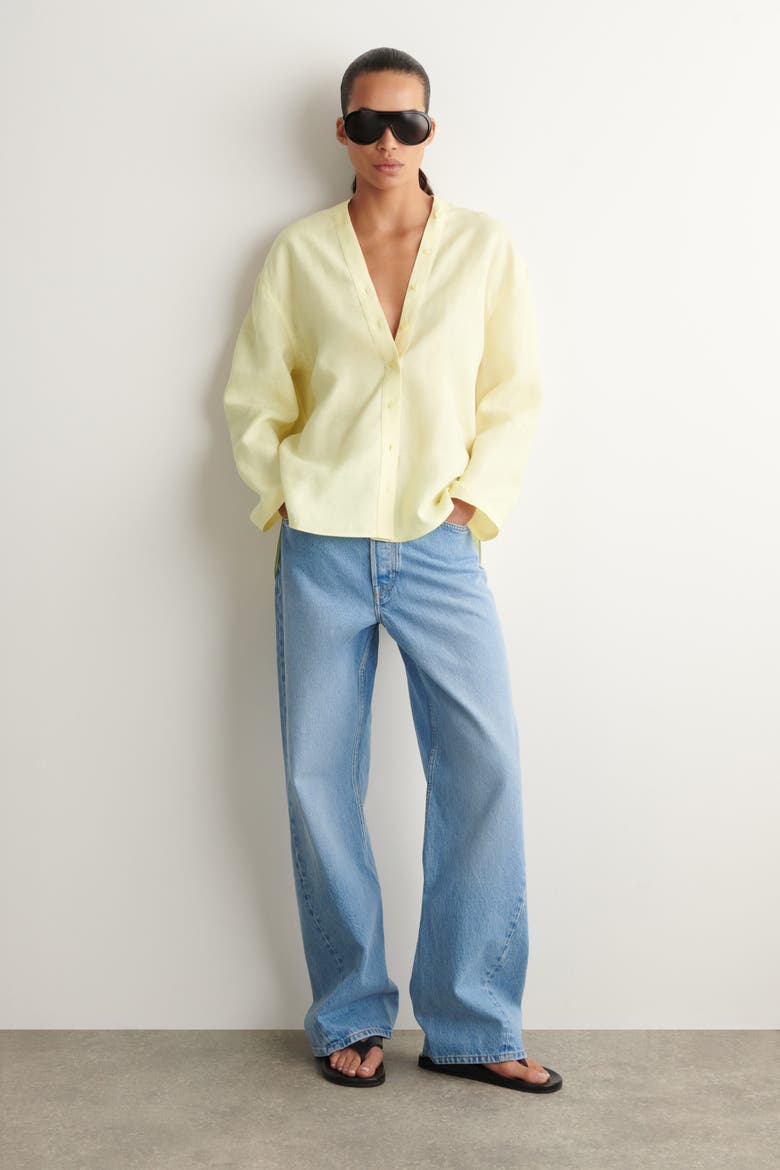 Button-detail Linen V-neck Shirt, Alternate, color, YELLOW