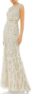 Mac Duggal Embellished Illusion Cap Sleeve Column Gown