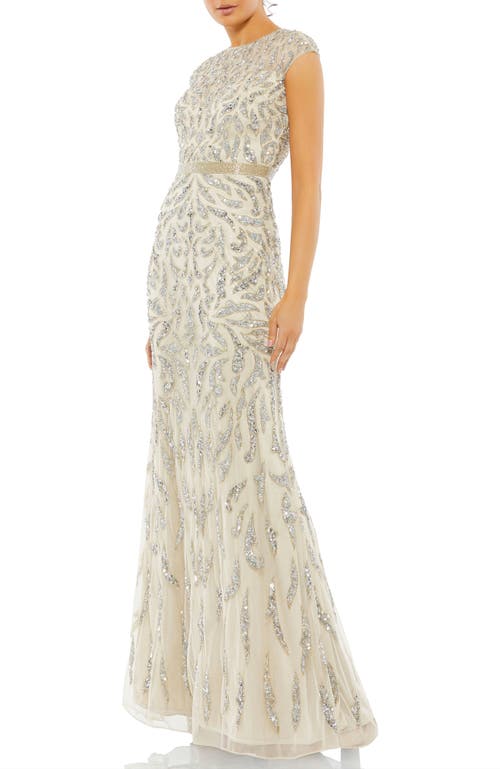 Mac Duggal Embellished Illusion Cap Sleeve Column Gown In Silver Nude