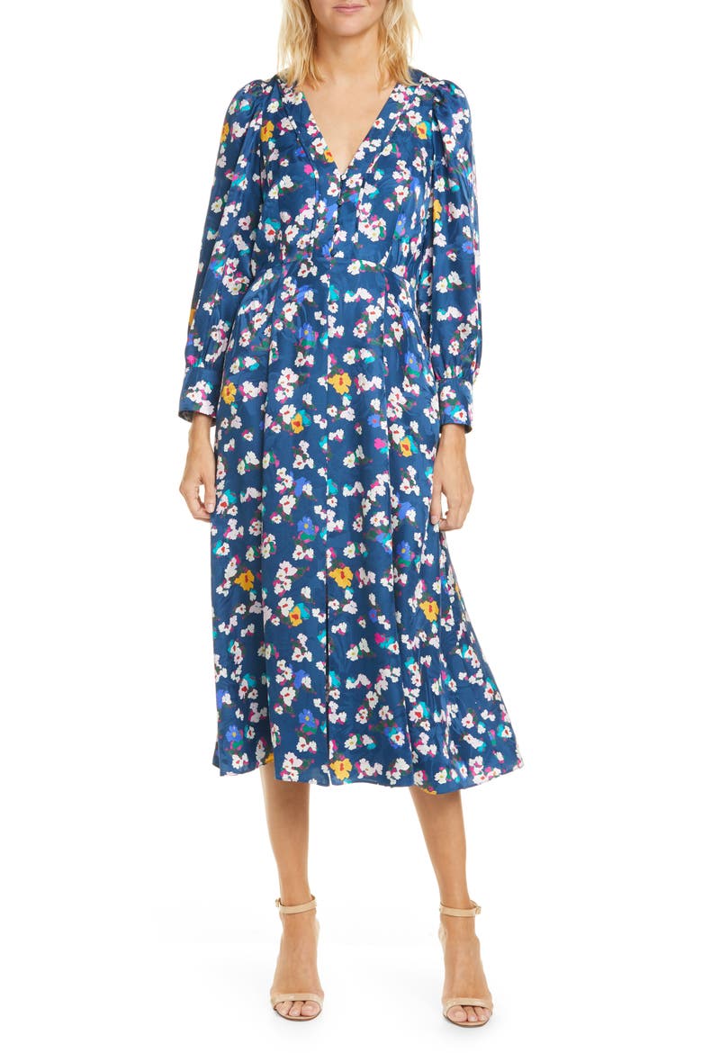 Thelma Floral Silk Jacquard Long Sleeve Silk Midi Dress, Main, color, BRUSHED FLORAL LARGE NAVY