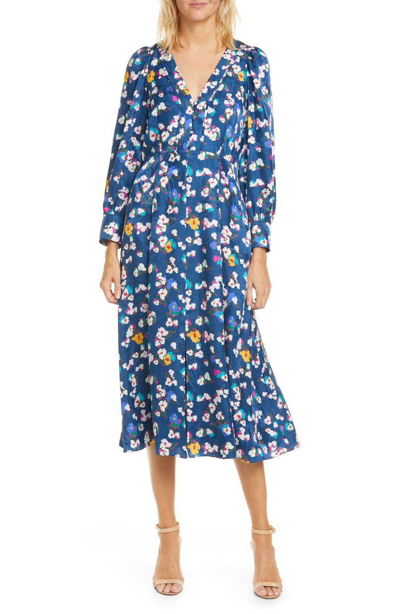 Tanya Taylor Thelma Floral Silk Jacquard Long Sleeve Silk Midi Dress, Main, color, 