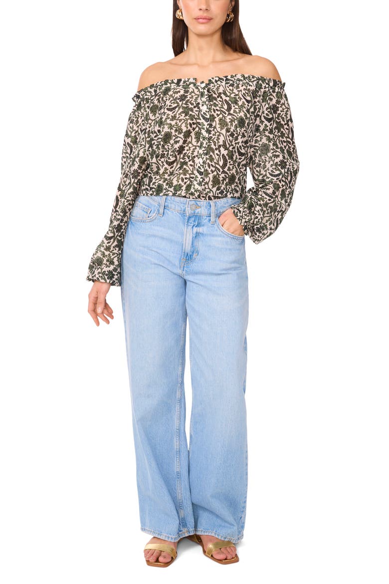 Floral Off the Shoulder Button-Up Top, Alternate, color, DARK GREEN