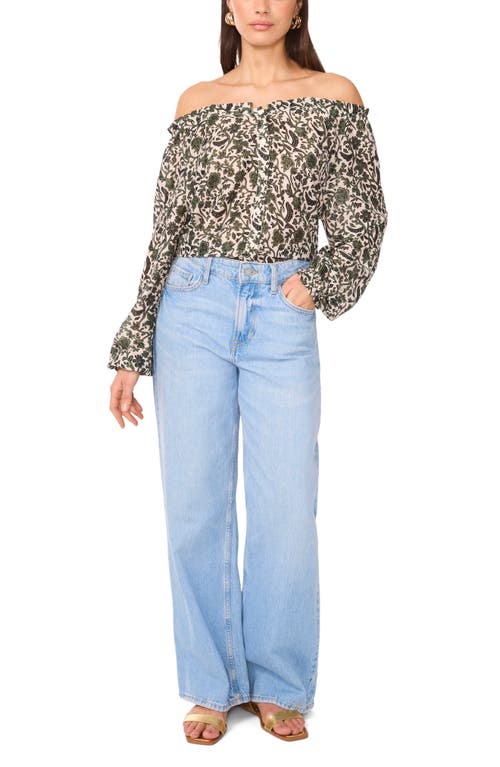 Two By Vince Camuto Floral Off The Shoulder Button-up Top In Dark Green