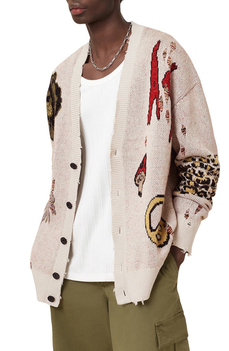 AllSaints Jay Distressed Jacquard Cardigan, Alternate, color, 